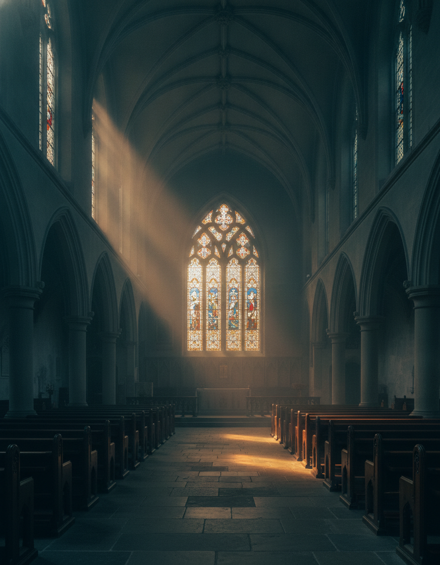 An empty church sanctuary at dawn, light streaming through a stained-glass window onto the pews.