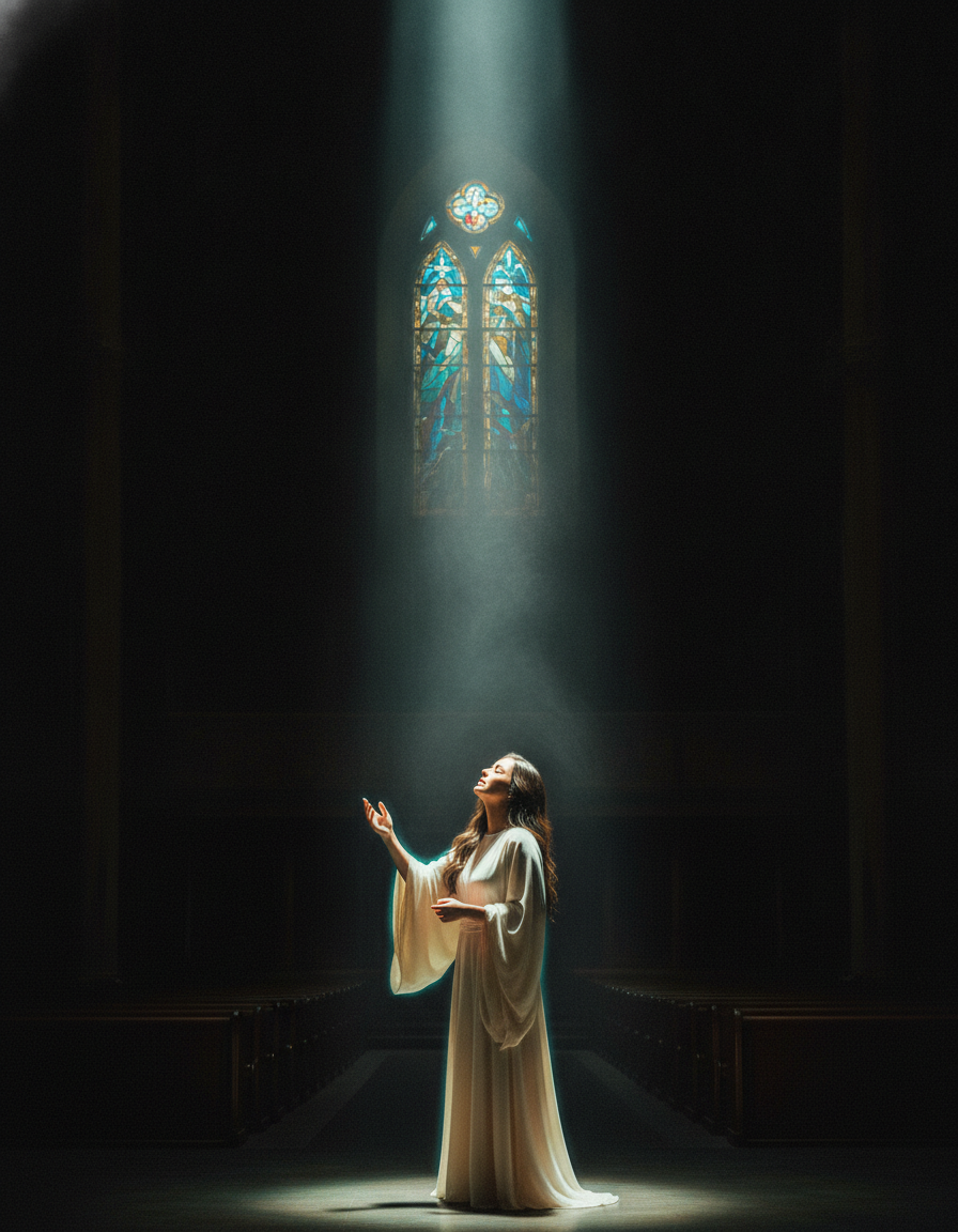 A lone worship singer under a dramatic shaft of light in a dark sanctuary, stained glass behind.