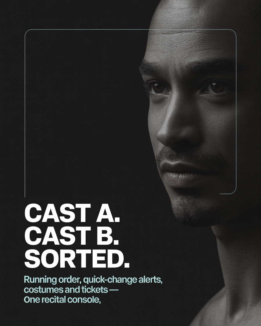 Statement card reading ‘Cast A. Cast B. Sorted.’ on a dark, teal-accented background.